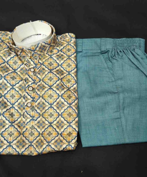 Teal Green Color With Print And Golden Thread Work Kurta Comes With Pant.