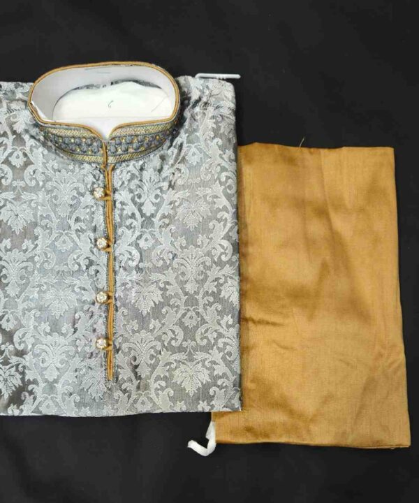 Grey Color Soft Silk Based With Embroidery Neck Work Design Kurta And Pajama.