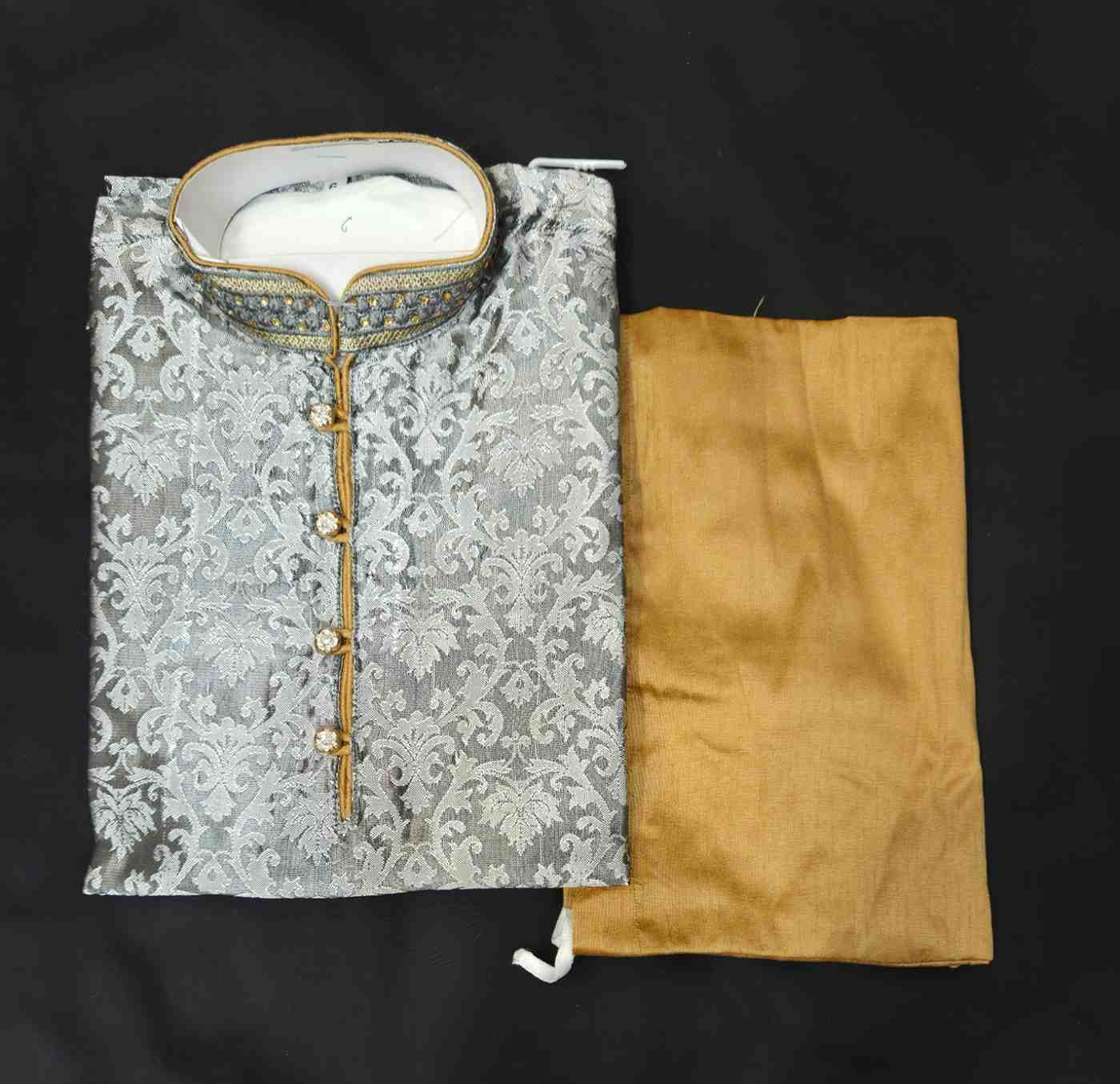 Grey Color Soft Silk Based With Embroidery Neck Work Design Kurta And Pajama.