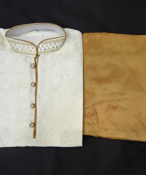 Cream Color Soft Silk Based With Neck Design Kurta And Pajama.