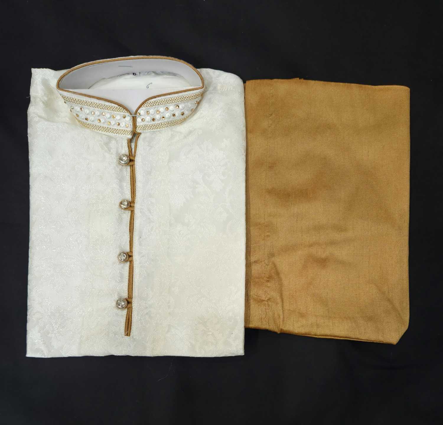 Cream Color Soft Silk Based With Neck Design Kurta And Pajama.