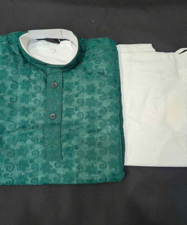 Dark Green Color Cotton Based Chikankari Work Kurta Comes With White Pajama.