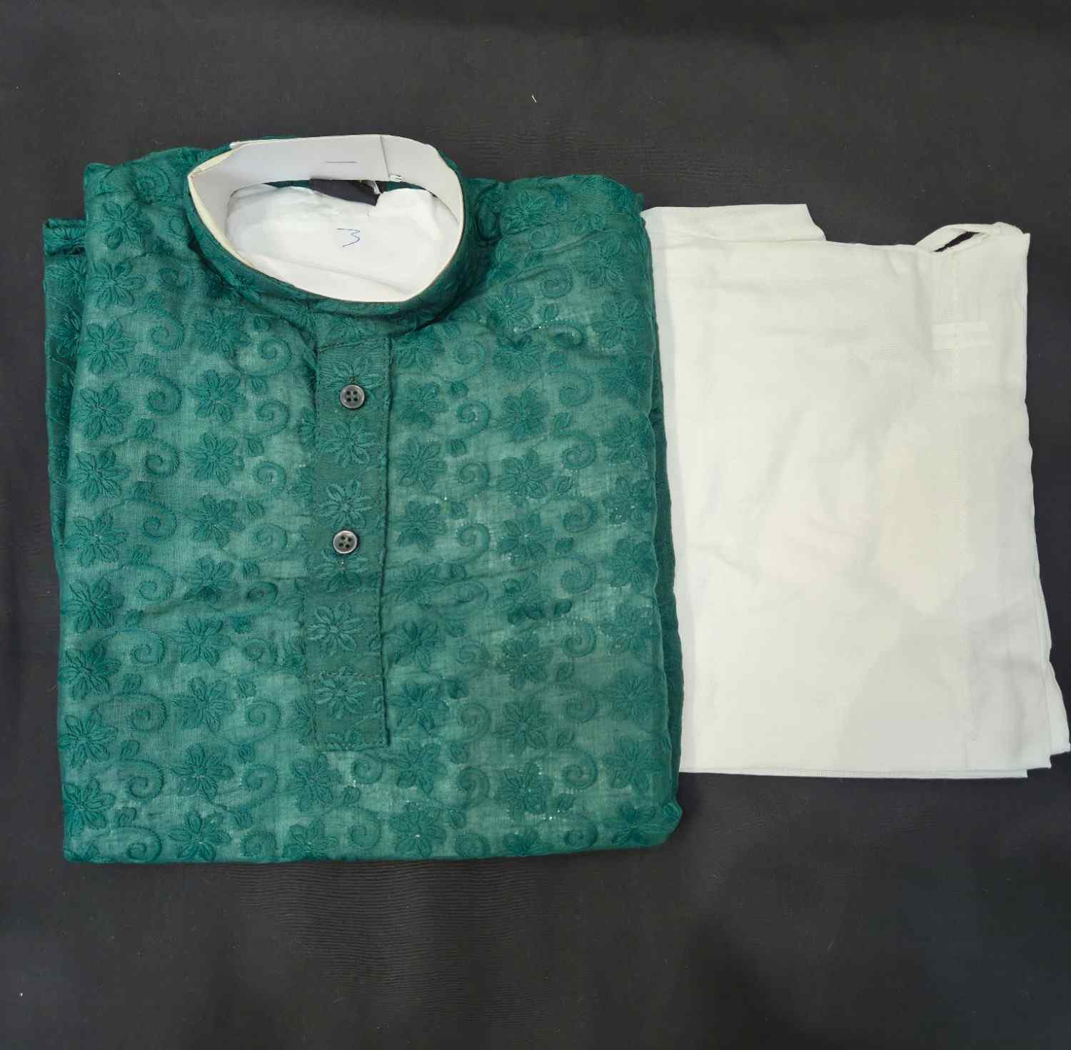 Dark Green Color Cotton Based Chikankari Work Kurta Comes With White Pajama.