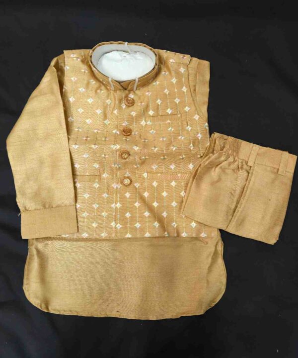 Golden Beige Silk Fabric Color Kurta And Pant Comes With Embroidery Jacket