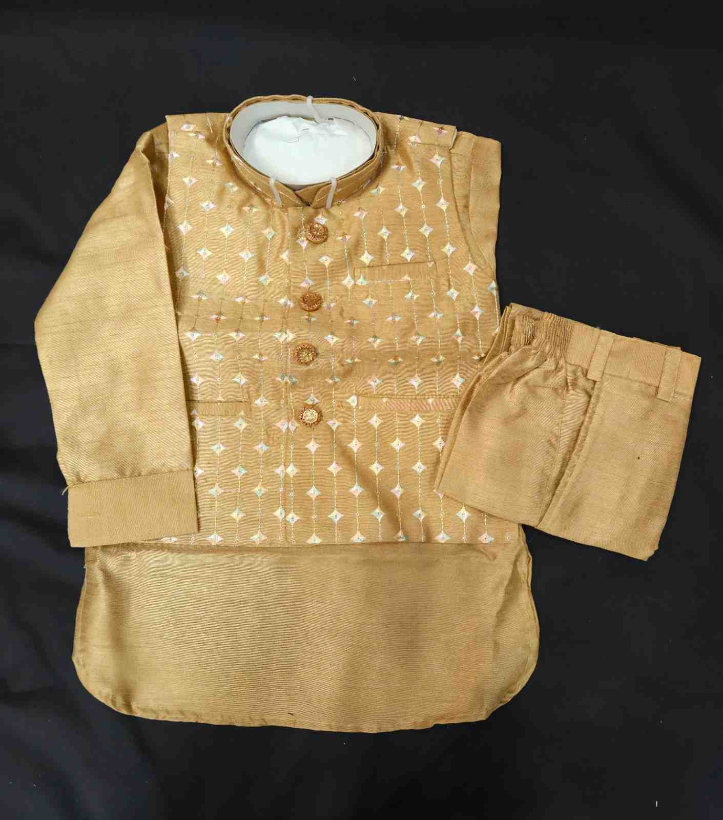 Golden Beige Silk Fabric Color Kurta And Pant Comes With Embroidery Jacket
