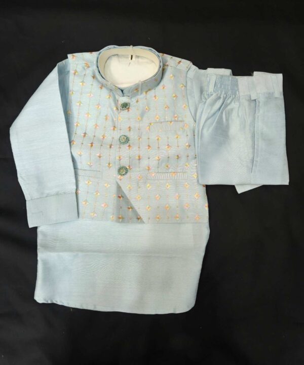 Sky Blue Color Silk Fabric Kurta And Pant Comes With Embroidery Work Jacket.