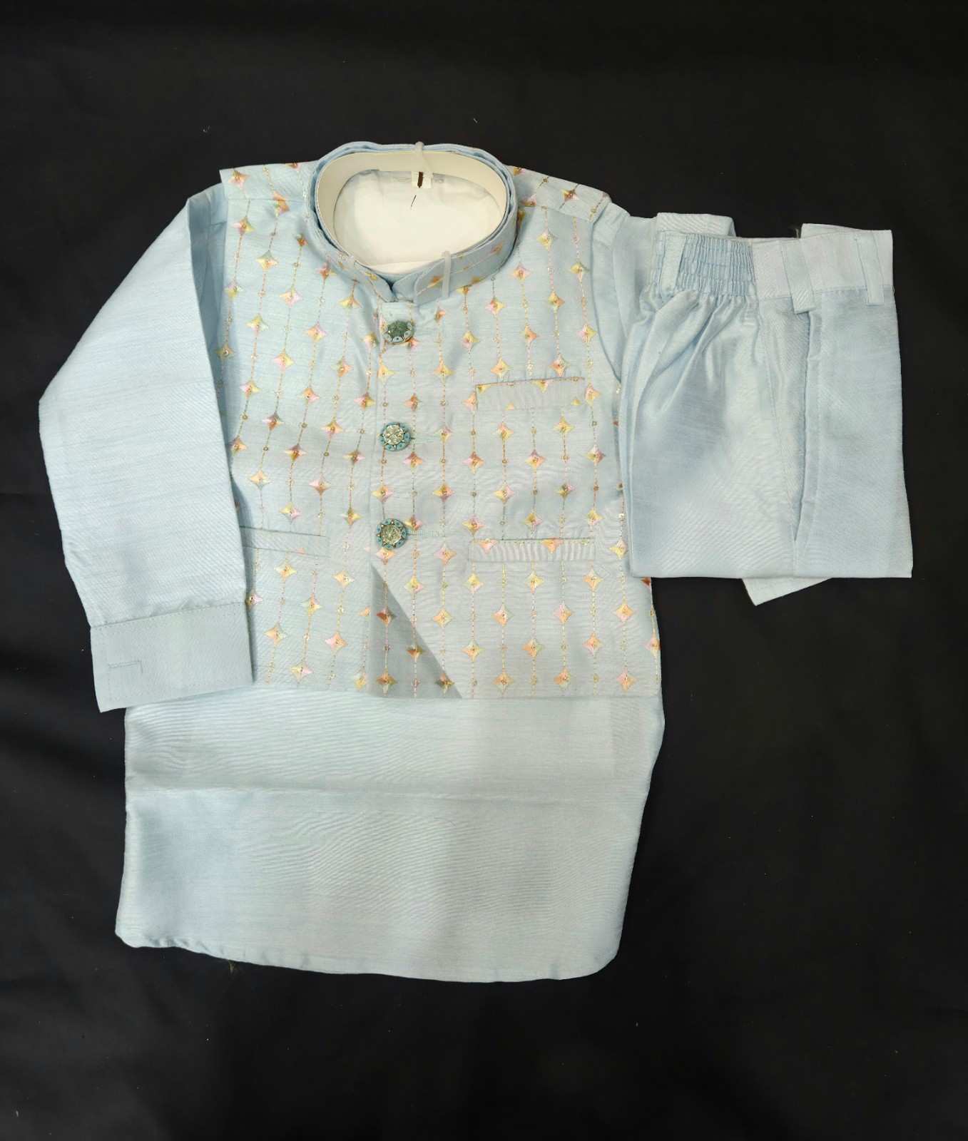 Sky Blue Color Silk Fabric Kurta And Pant Comes With Embroidery Work Jacket.