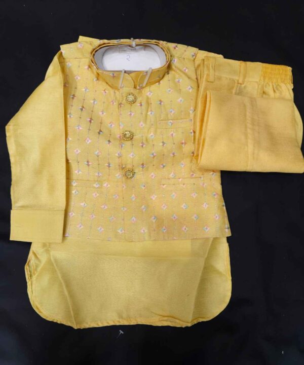 Mustard Yellow Color Silk Fabric Kurta And Pant Comes With Embroidery Work Jacket.