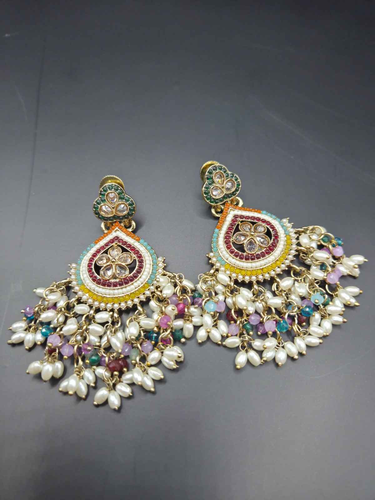 Pearl and Kundan Work Multi Color Statement Earrings.