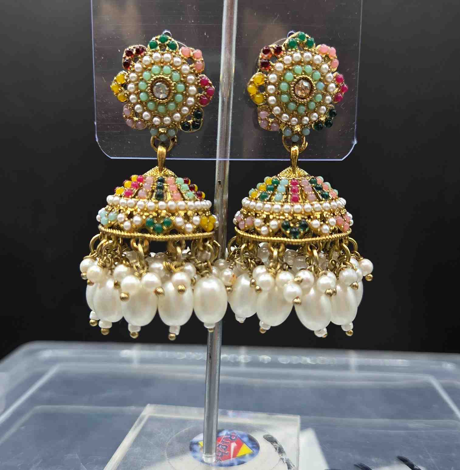 Light Weight Multi Color Kundan And Pearl Work Jhumka Earrings.