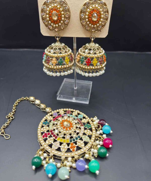 Orange Color With Multi Beads Of Kundan And Pearl Work Very Light Weight Earring with Tikka Set
