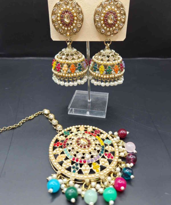 Wine Color With Multi Beads Of Kundan And Pearl Work Very Light Weight Earring with Tikka Set