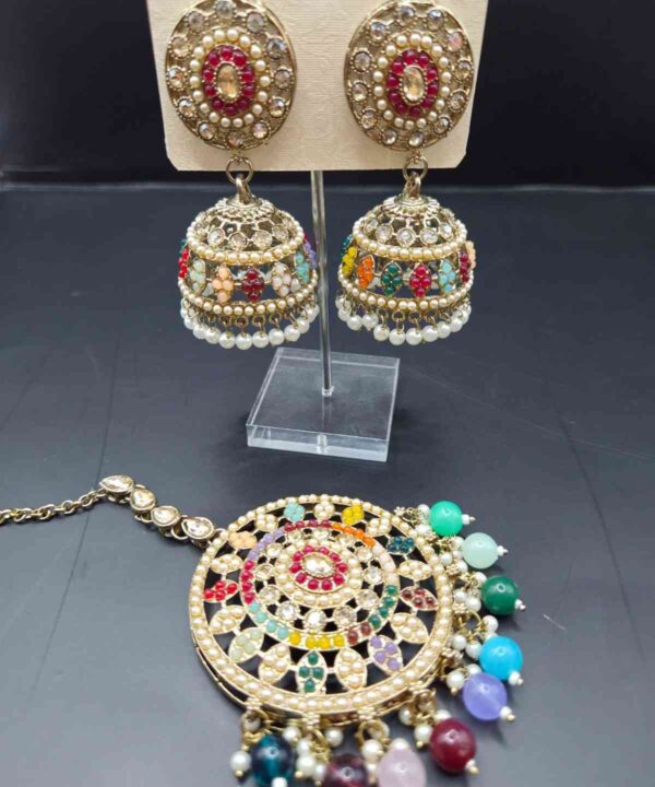 Multi Color Kundan And Pearl Work Very Light Weight Earring with Tikka Set