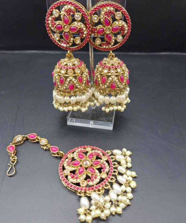 Hot Pink Color Kundan And Pearl Work Very Light Weight Earring with Tikka Set