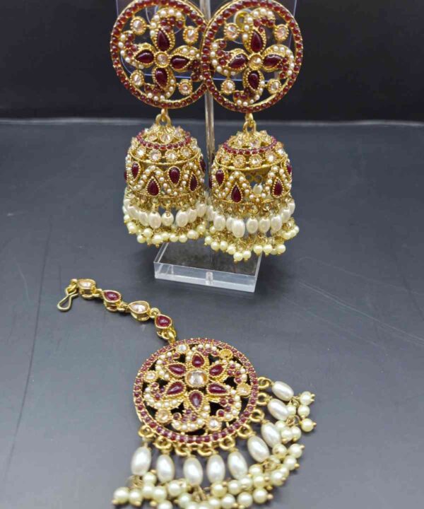 Dark Maroon Color Kundan And Pearl Work Very Light Weight Earring with Tikka Set.