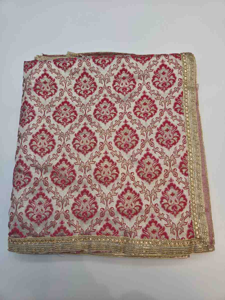BROCADE SILK BASED RED COLOR FLORAL WORK RUMALA SAHIB DOUBLE SET WITH PALKAN FOUR SIDE LACE WORK.