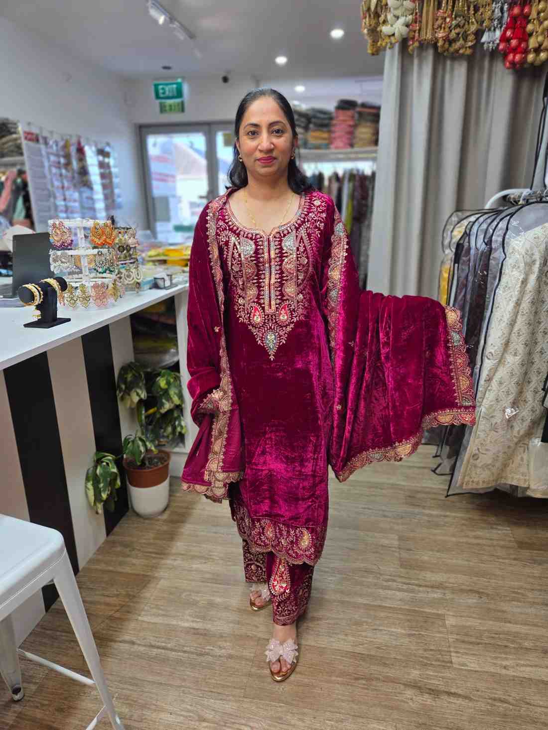 Velvet Fabric Embroidery And Mirror Work all over Shirt And Pant Comes With Full Size Embroidery Work Matching Dupatta.