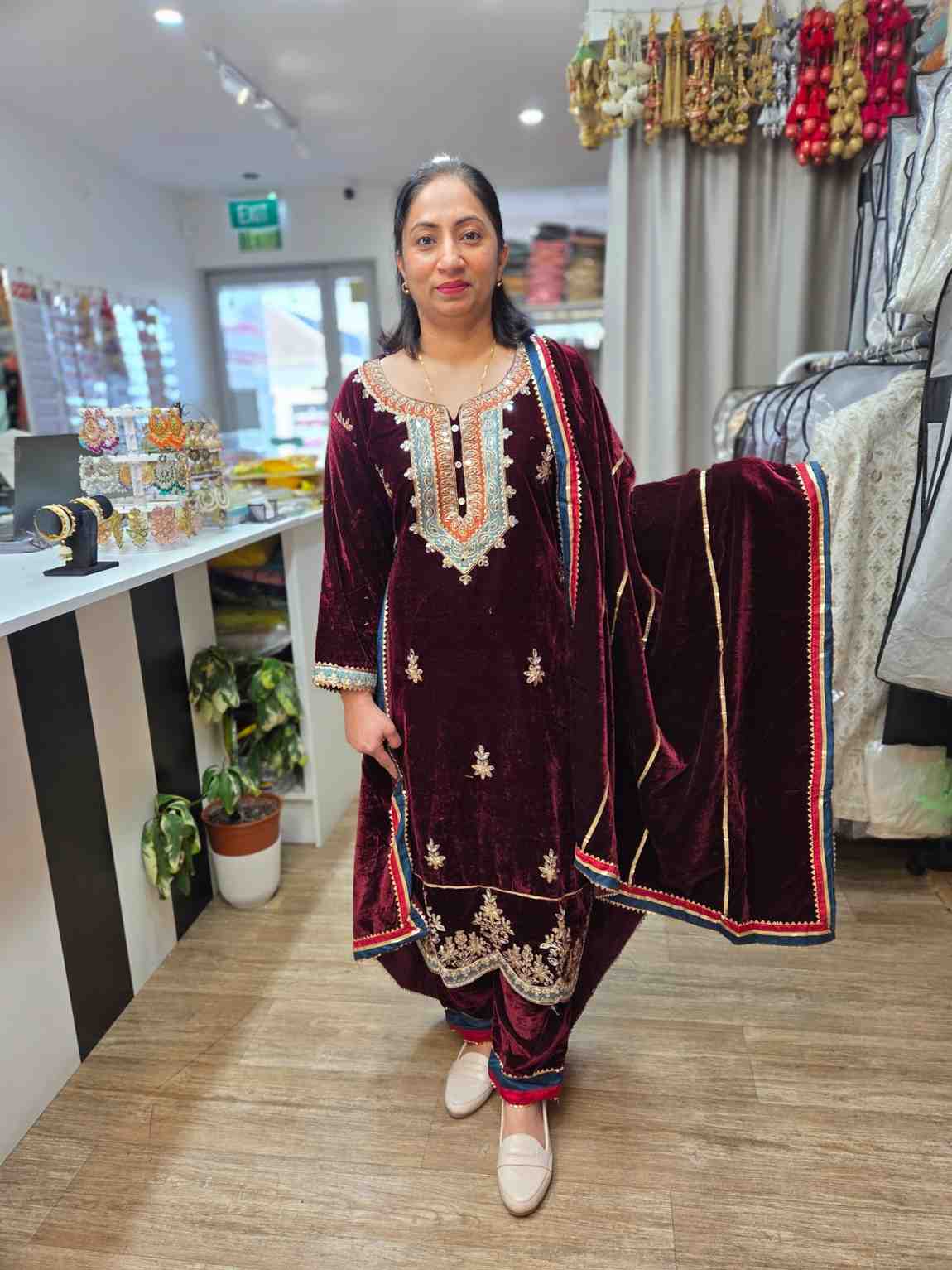 Velvet Fabric Embroidery Work all over Shirt And Pant Comes With Full Size Embroidery Work Matching Dupatta.
