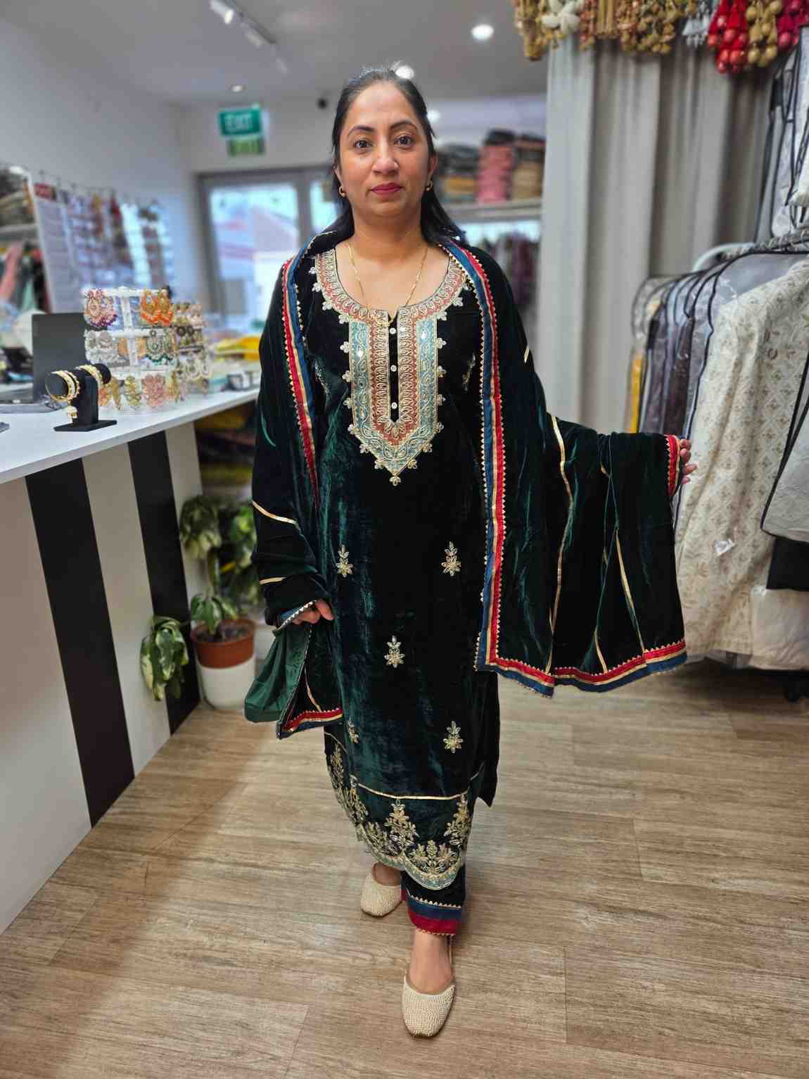 Velvet Fabric Dark Green Color Embroidery Mirror Work all over Shirt And Pant Comes With Full Size Lace Work Matching Dupatta.
