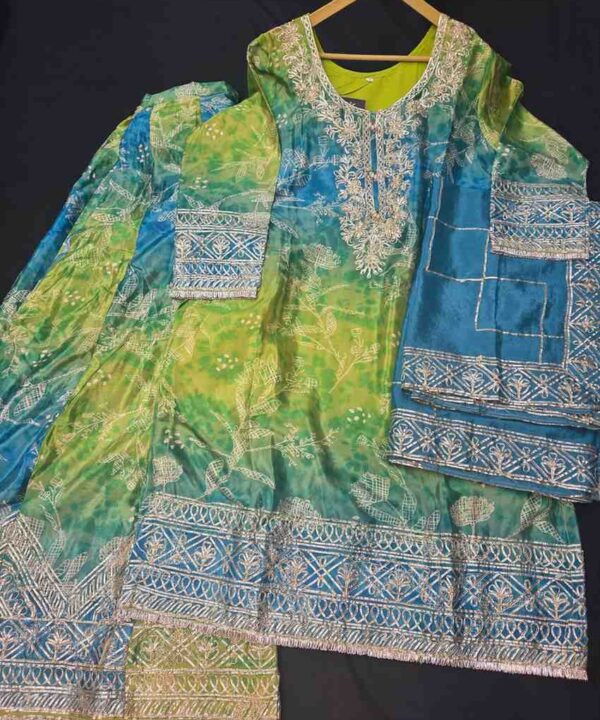 Beautiful digital print with gotta patti work on shirt and bottom comes with matching dupatta.