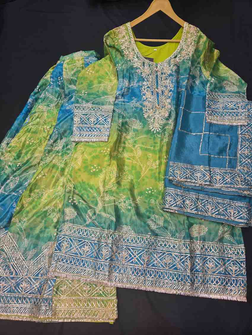 Beautiful digital print with gotta patti work on shirt and bottom comes with matching dupatta.