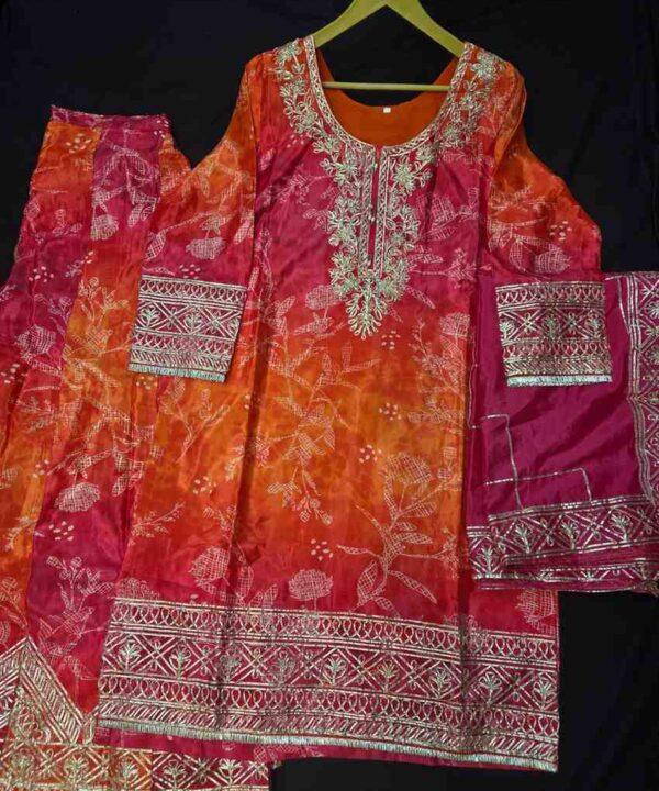 Beautiful digital print with gotta patti work on shirt and bottom comes with matching dupatta.