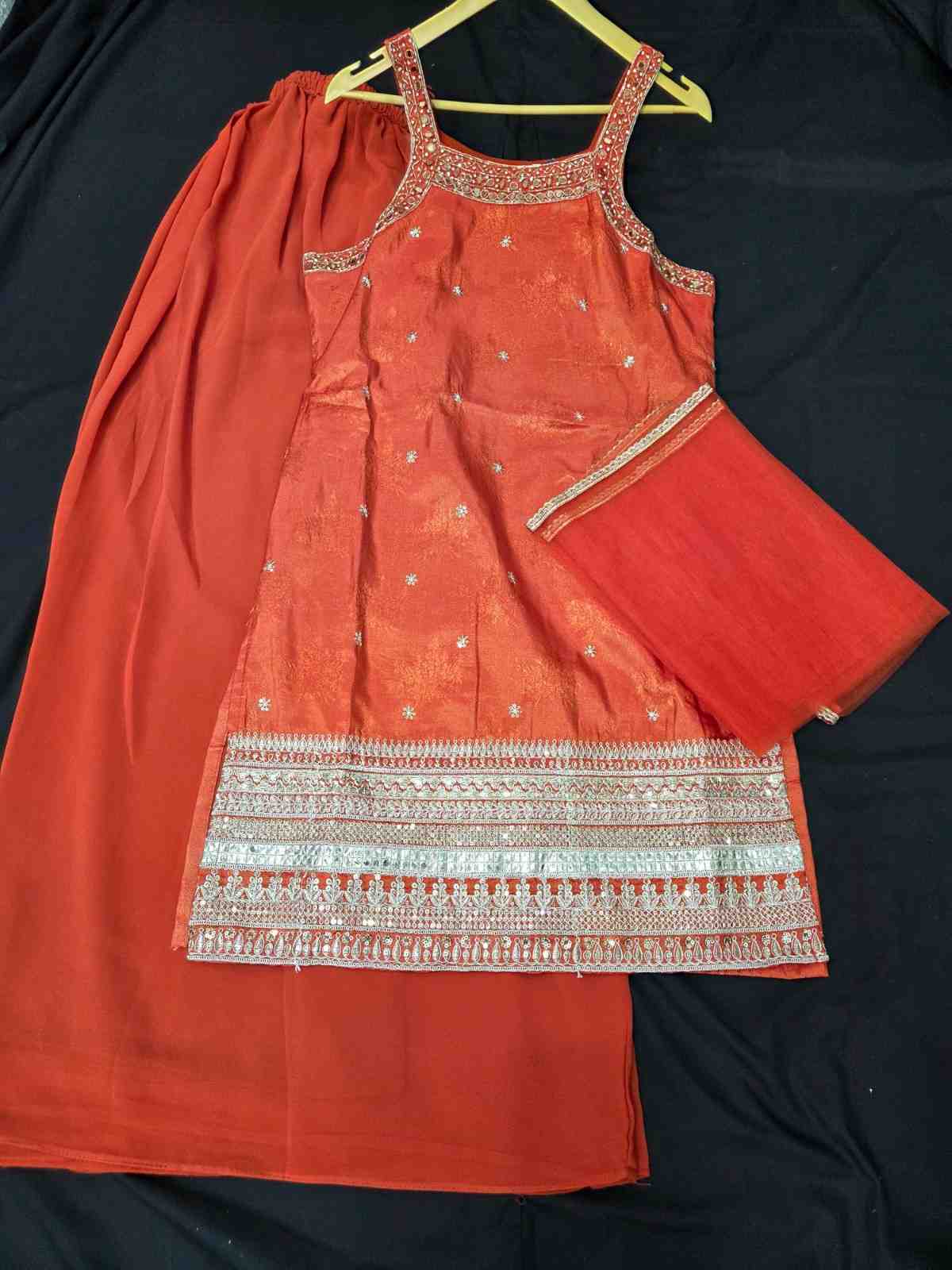 Beautiful Soft Shimmer Silk fabric Embroidery and mirror work on shirt comes with loose plazo netting dupatta