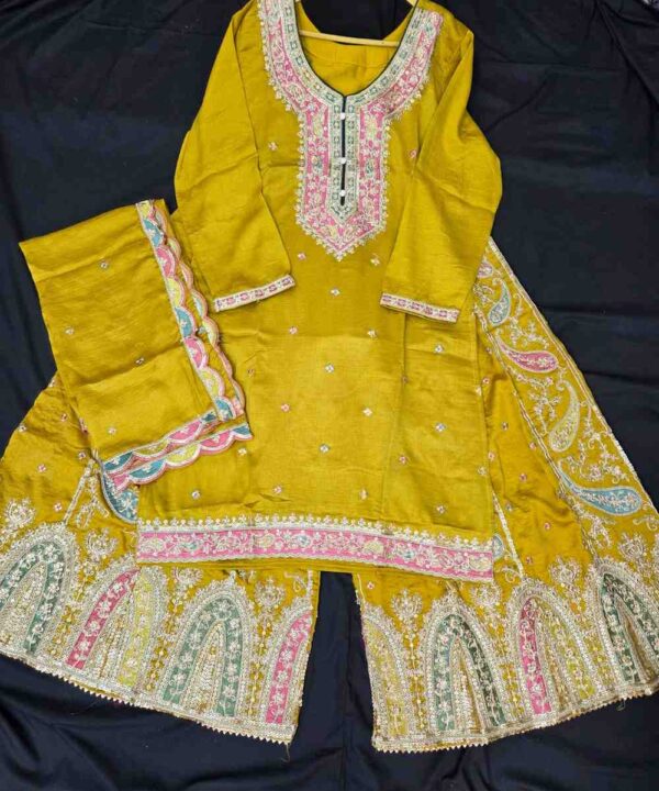 Beautiful heavy embroidery work Sharara Suit all over the top and bottom with embroidery work Dupatta.