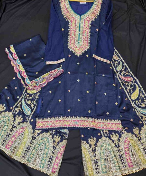 Beautiful heavy embroidery work Sharara Suit all over the top and bottom with embroidery work Dupatta.