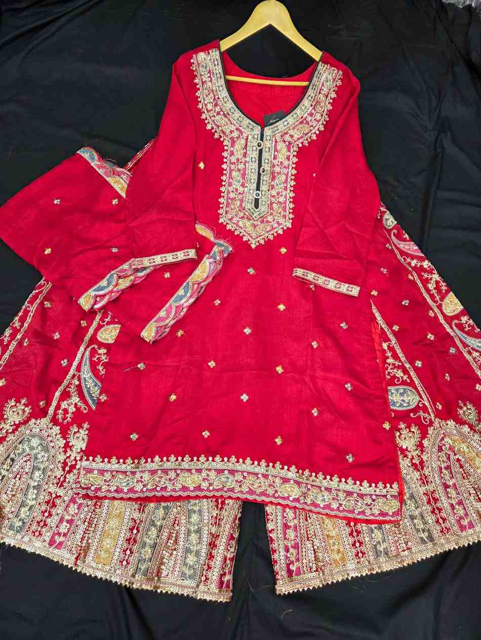 Beautiful heavy embroidery work Sharara Suit all over the top and bottom with embroidery work Dupatta.