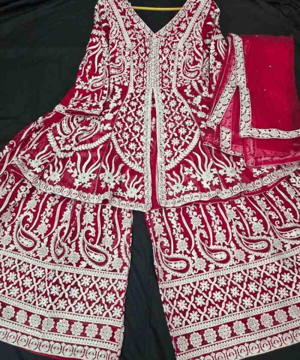 Sharara Suit Beautiful georgette fabric heavy embroidery and mirror work all over the top and bottom with embroidery work Dupatta.