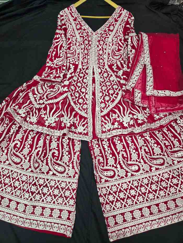 Sharara Suit Beautiful georgette fabric heavy embroidery and mirror work all over the top and bottom with embroidery work Dupatta.