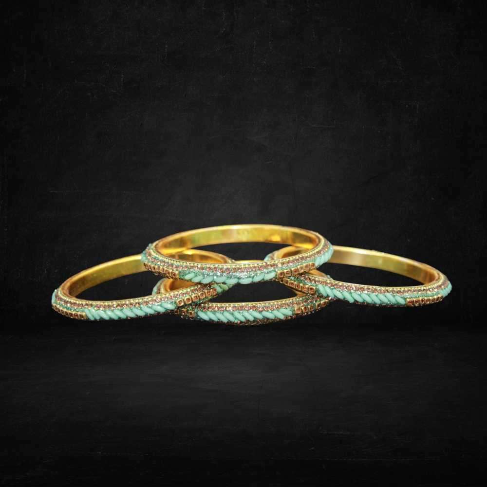 Beautiful leaf green color with fine and crystal stone metal bangles can be customized with velvet bangles - Image 4