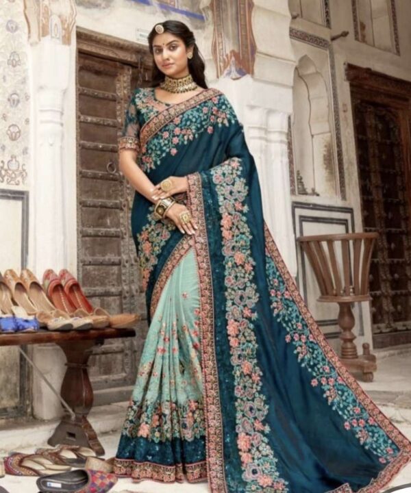Embroidered Art Silk Teal Blue Saree