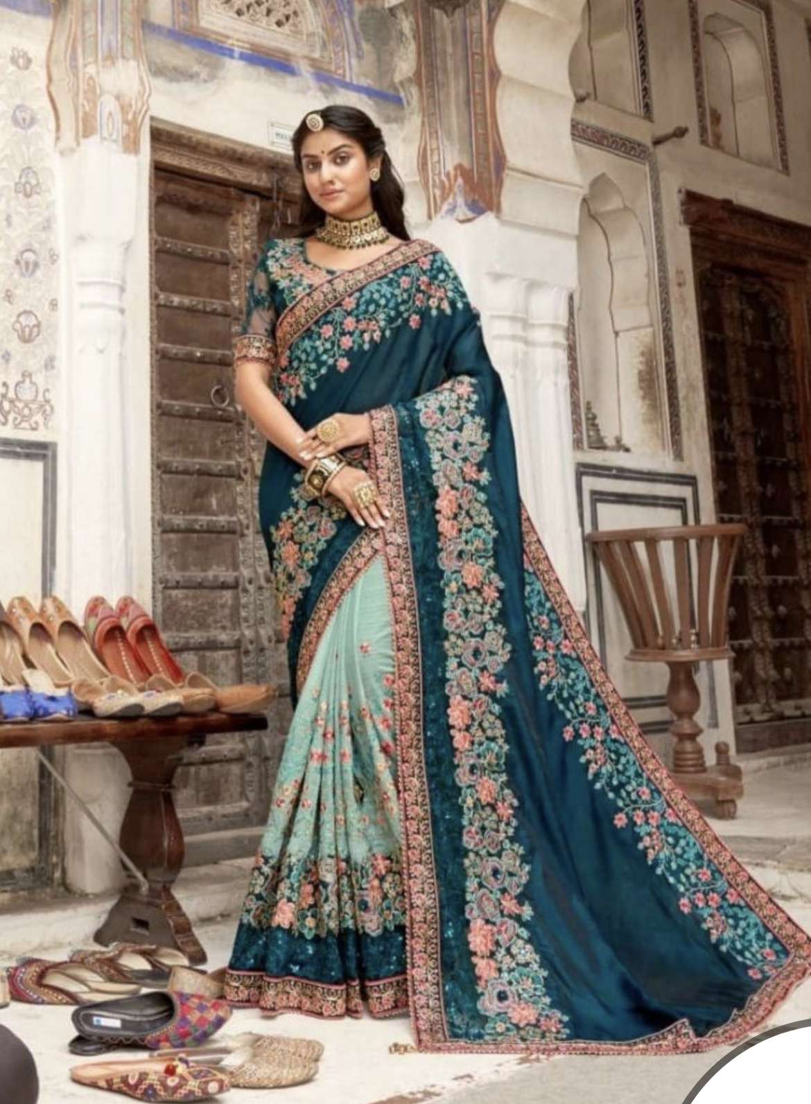 Embroidered Art Silk Teal Blue Saree