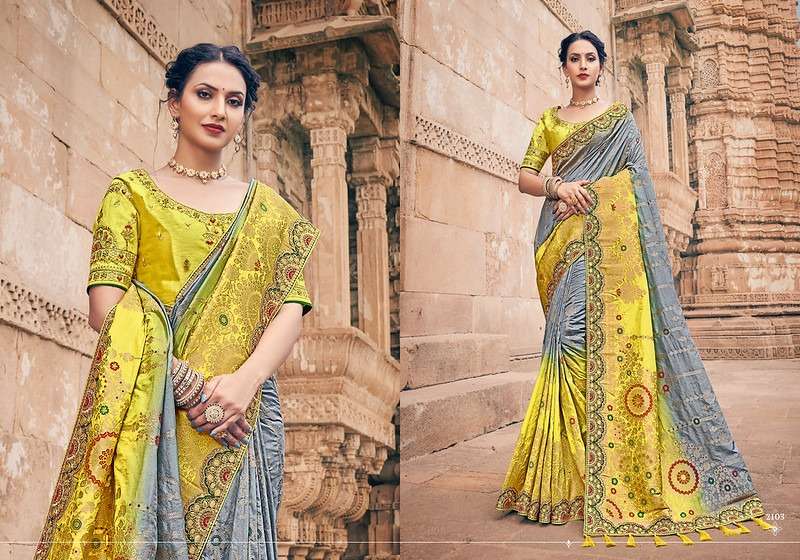 (SOLD) Unique Yellow & Grey Women Designer Wedding Partywear Saree