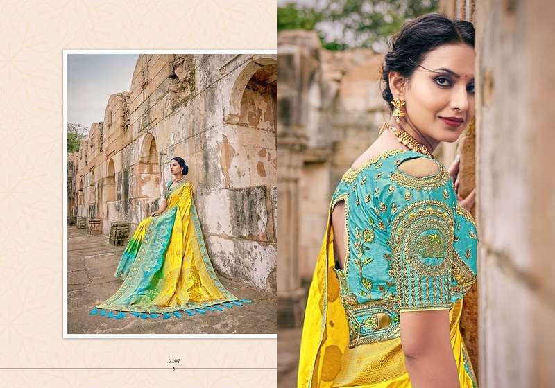 (SOLD) Gorgeous Yellow and Sky Blue Weaving Shimmer Silk Designer Saree with Embroidered Blouse