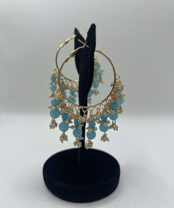 Gold-Plated Jhalar Bali Hoop Earrings With Blue Pearls Alloy Jhumki Earring