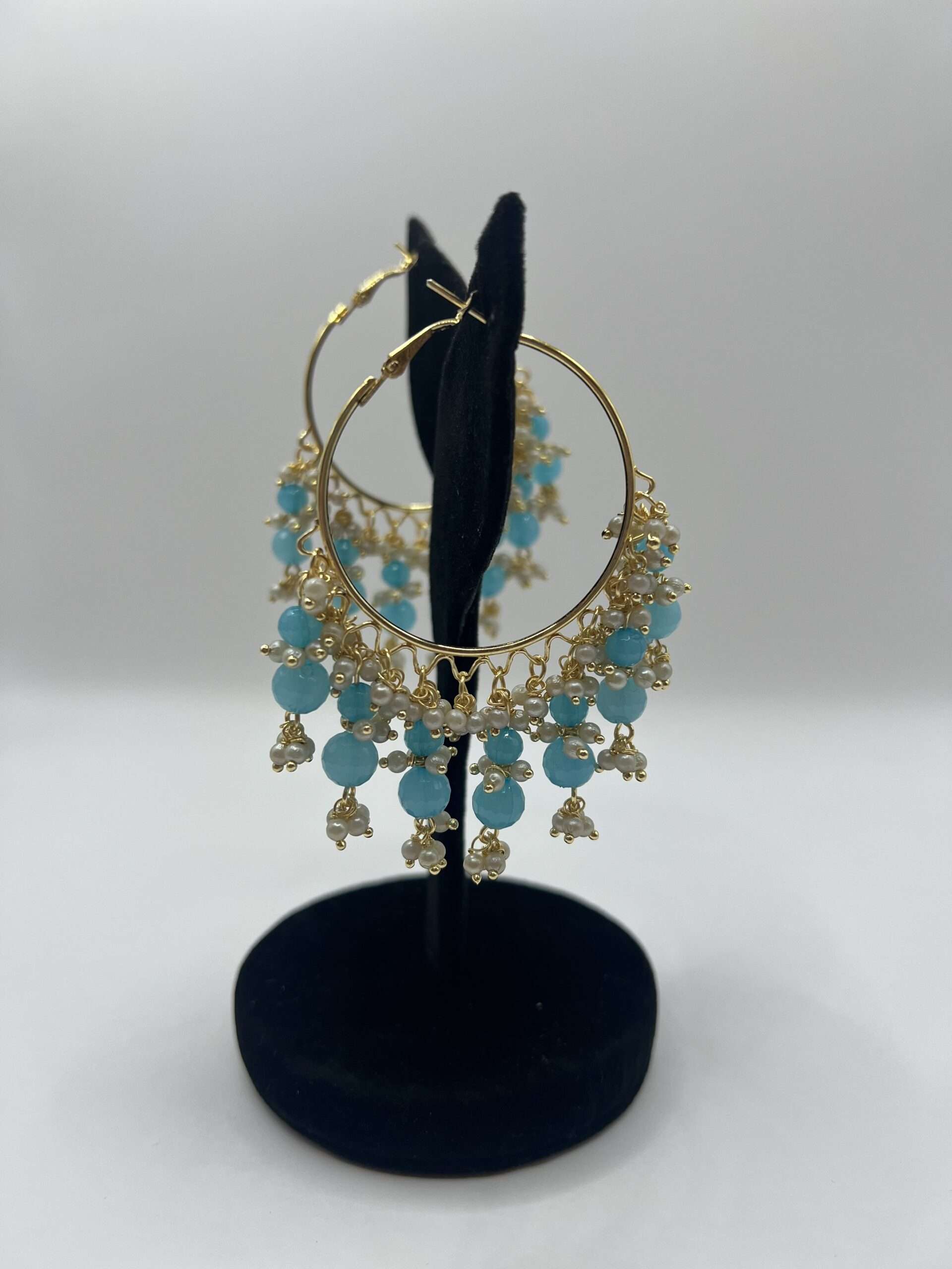 Gold-Plated Jhalar Bali Hoop Earrings With Blue Pearls Alloy Jhumki Earring
