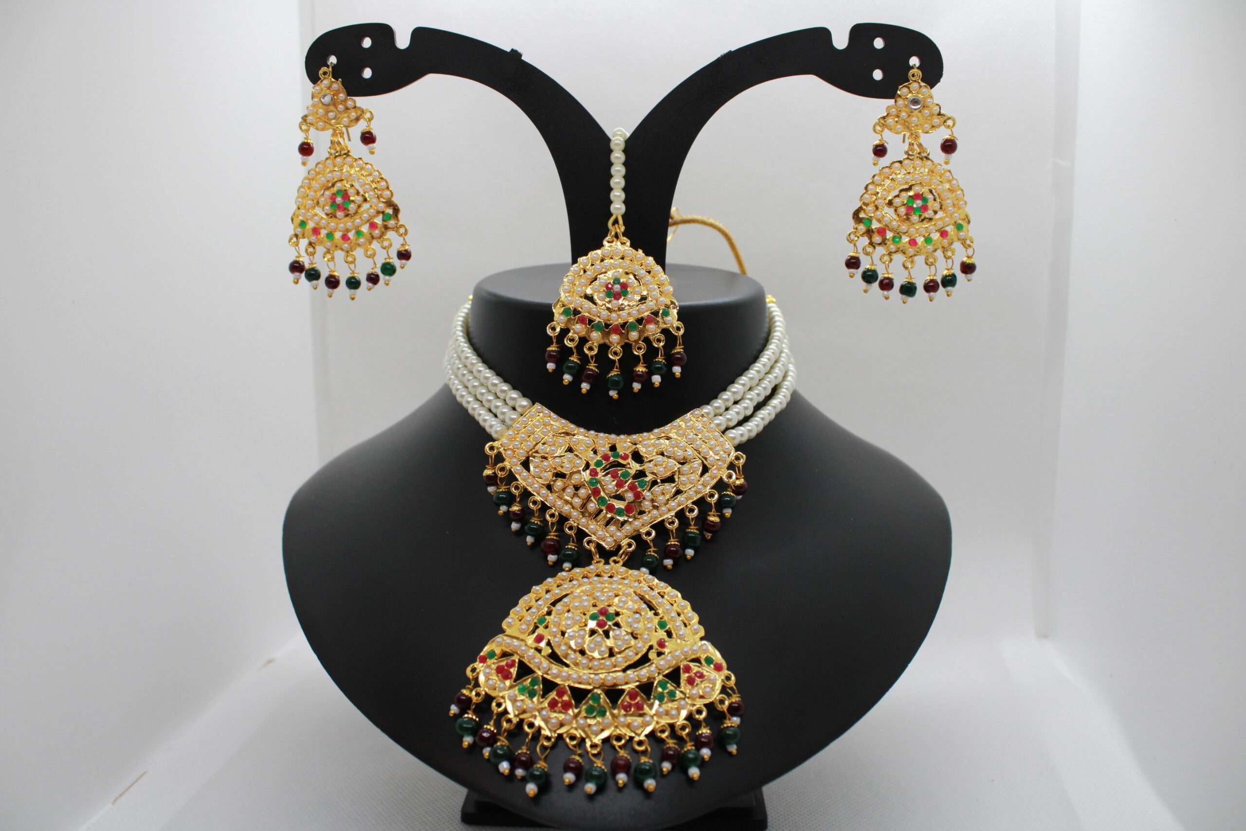 Red Green Jadau Navrattan long choker Necklace Set/Indian Earrings Set
