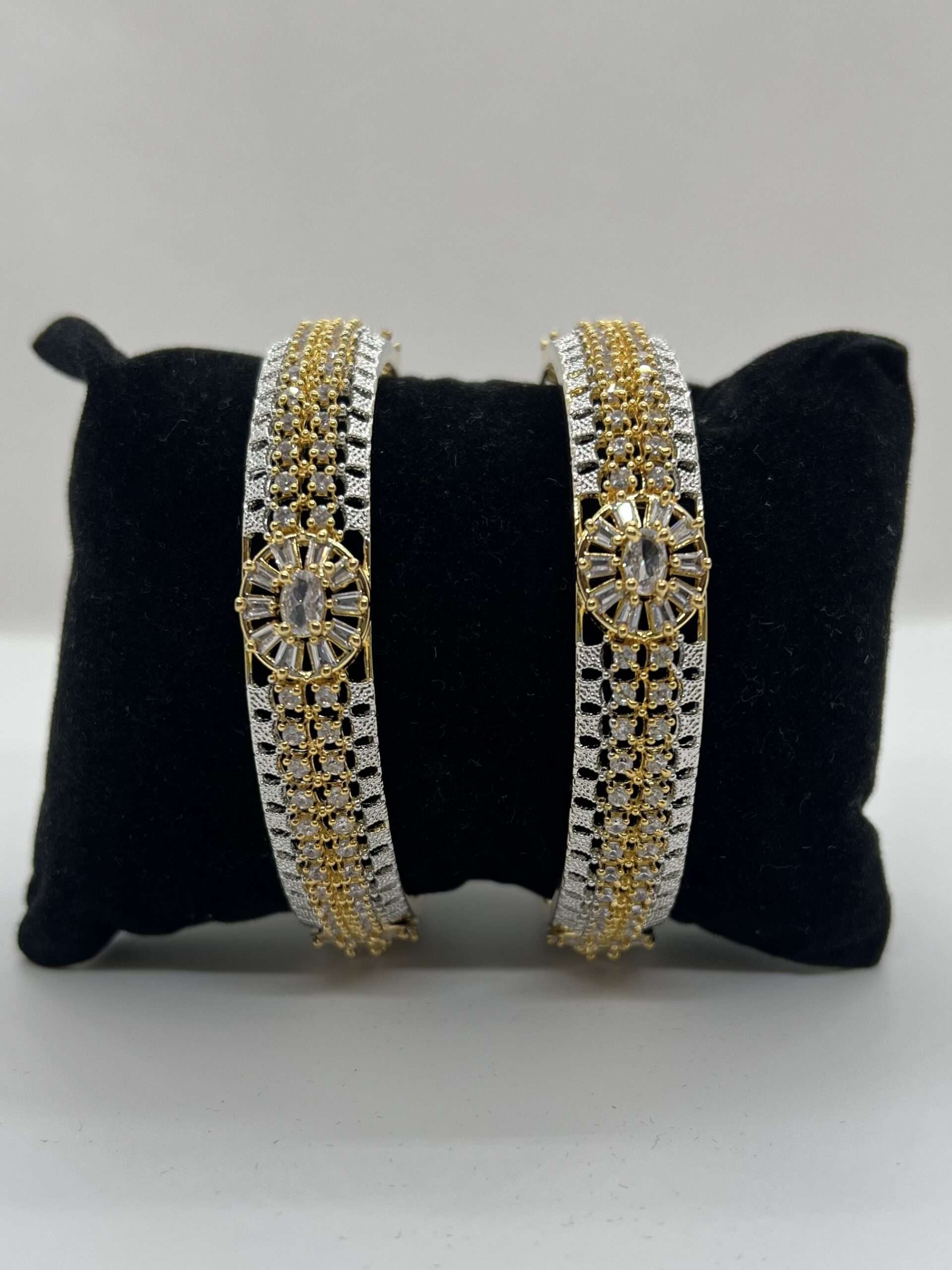SIVER AND GOLDEN POLISH STYLISH TRENDY DESIGN AMERICAN DIAMOND BANGLE SETS
