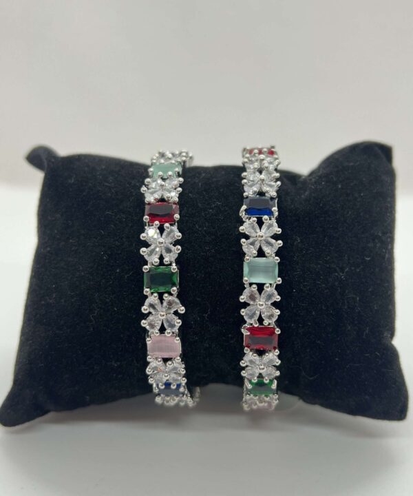 BEAUTIFUL AMERICAN DIAMOND MUTI-COLOR BANGLE SET WITH SILVER BASE