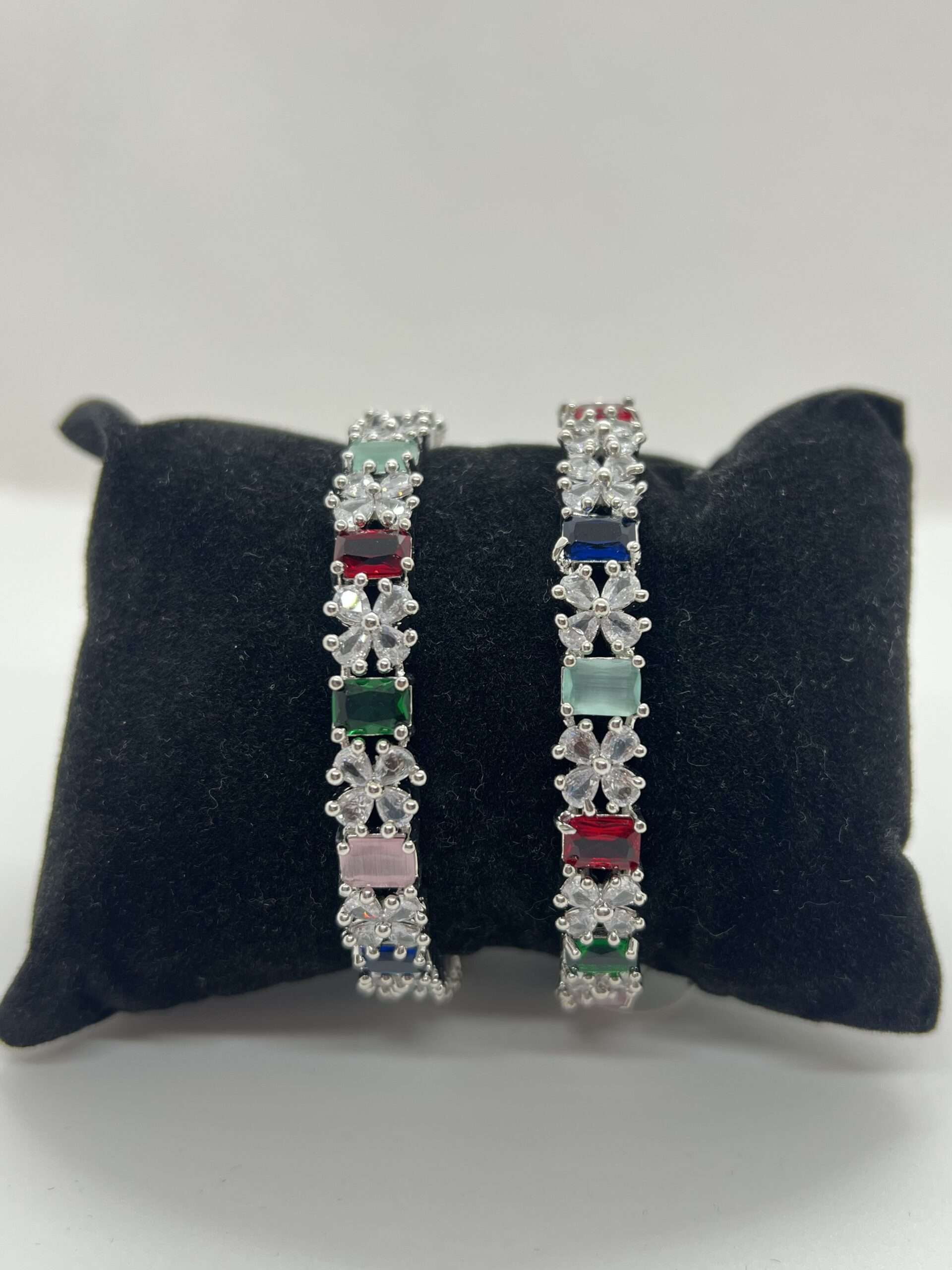 BEAUTIFUL AMERICAN DIAMOND MUTI-COLOR BANGLE SET WITH SILVER BASE