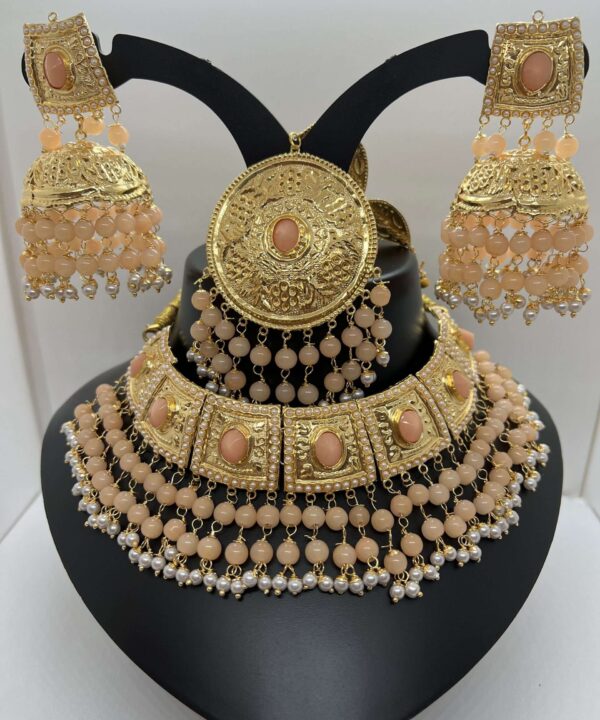 Peach Alloy Austrian Diamond Necklace Set With Earrings