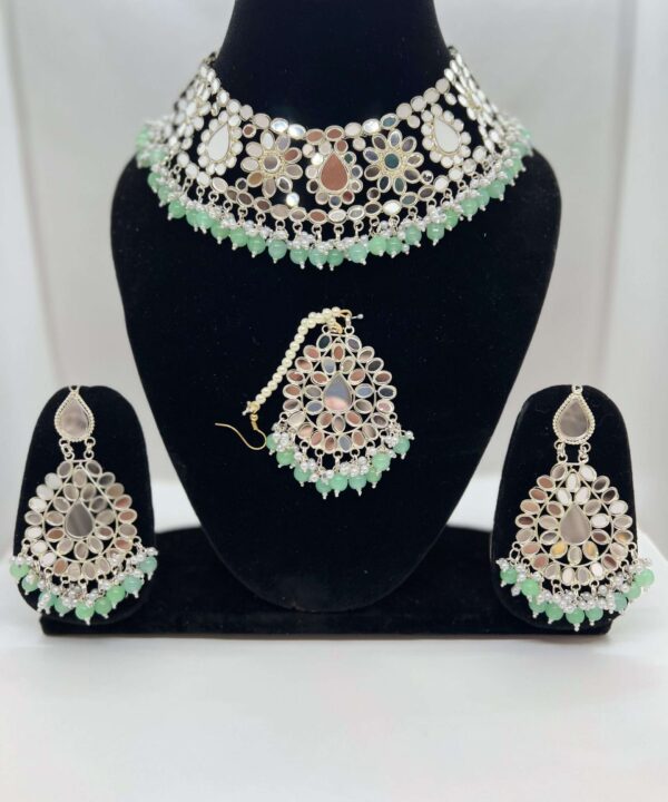 BEAUTIFUL MINT GREEN COLOR MIRROR WORK SILVER PLATED CHOKER SET COMES WITH STATEMENTT EARRING WITH TIKKA