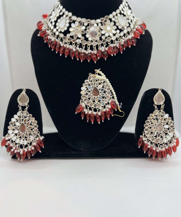 BEAUTIFUL RED COLOR BEADED SILVER PLATED MIRROR WORK CHOKER SET WITH STATEMENT EARRING AND TIKKA