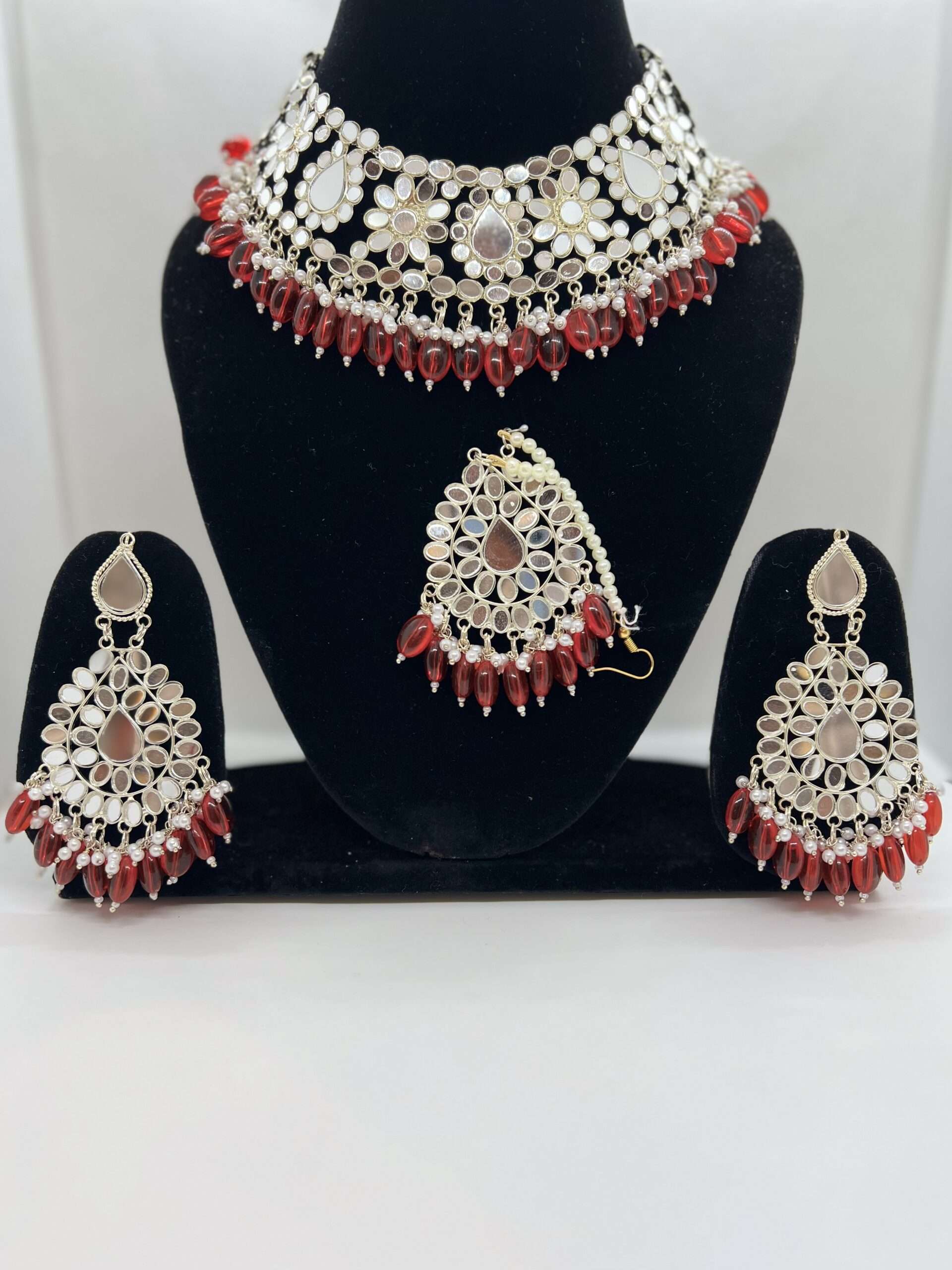 BEAUTIFUL RED COLOR BEADED SILVER PLATED MIRROR WORK CHOKER SET WITH STATEMENT EARRING AND TIKKA