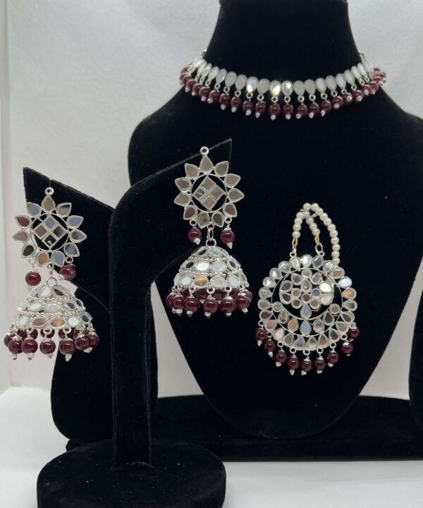 BEAUTIFUL MARRON COLOR MIRROR WORK WITH SILVER PLATED CHOKER SET WITH JHUMKA AND TIKKA