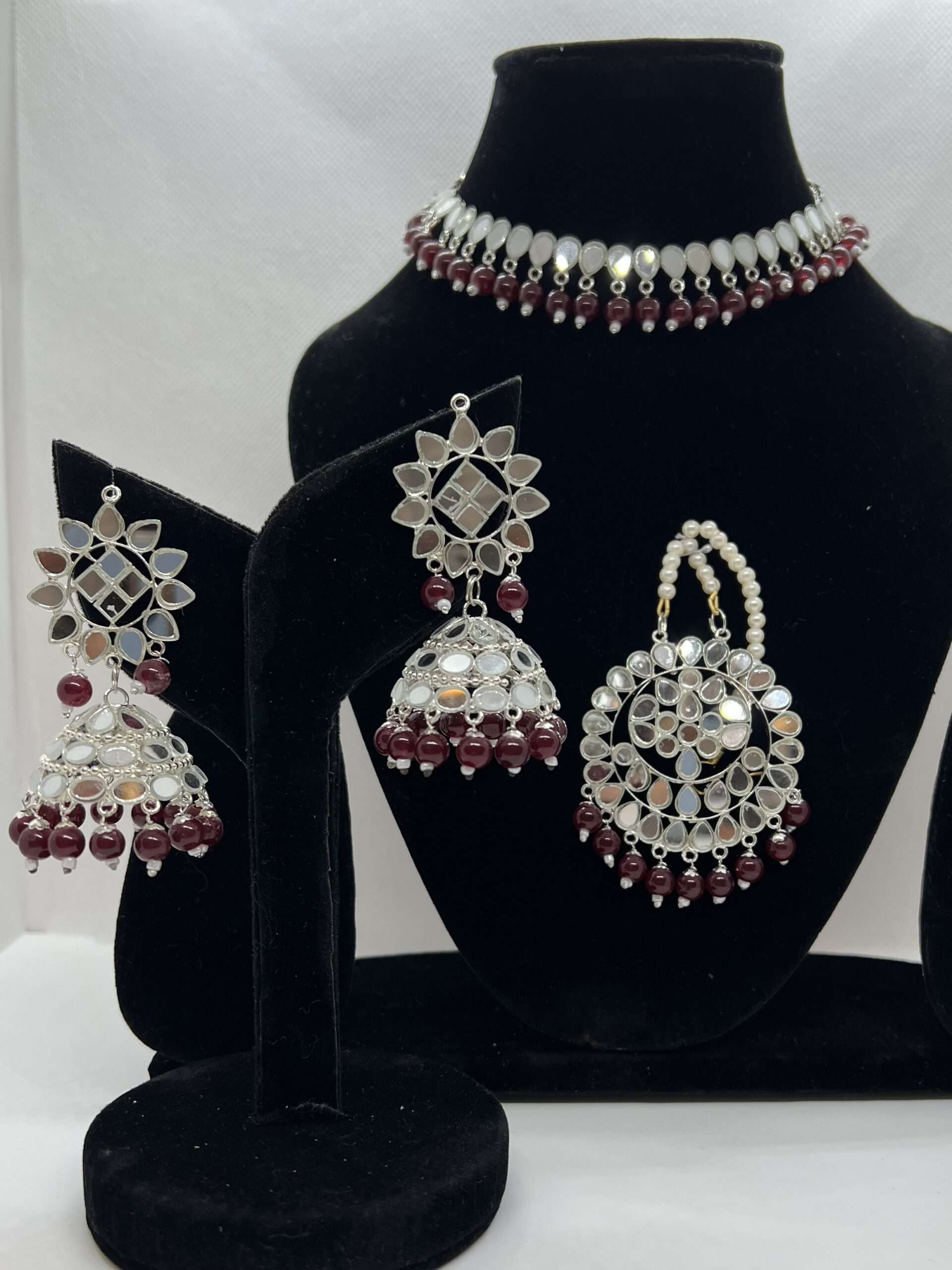 BEAUTIFUL MARRON COLOR MIRROR WORK WITH SILVER PLATED CHOKER SET WITH JHUMKA AND TIKKA