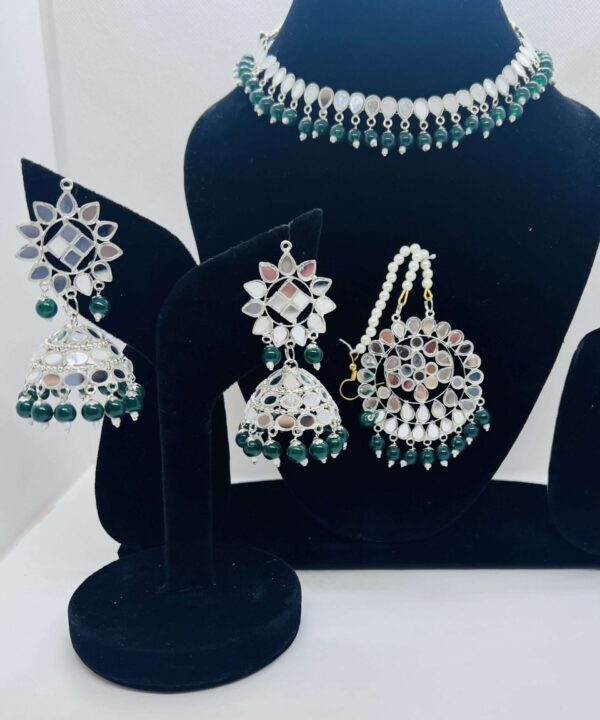 DARK GREEN BEAUTIFUL MIRROR WORK WITH SILVER POLISH CHOKER SET WITH JHUMKA AND TIKKA